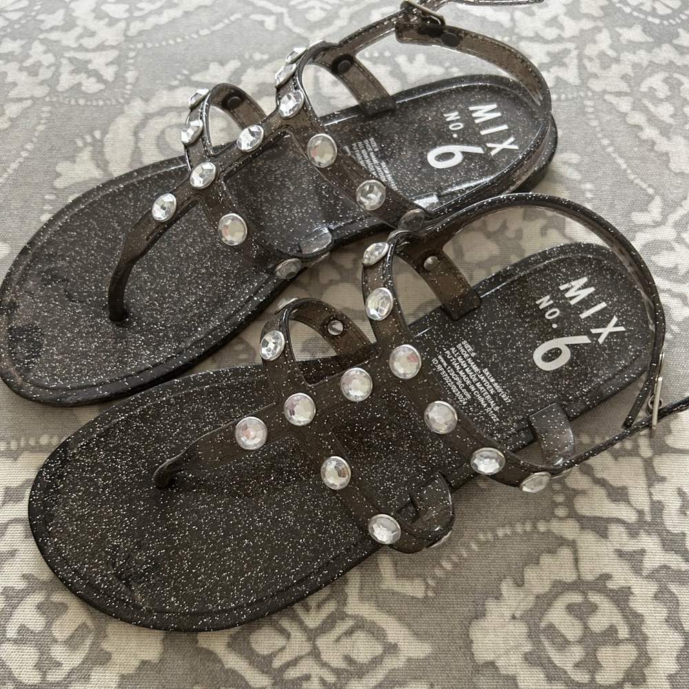 Black studded gladiator sandals size 6 woman black sliver rhinestone glitter